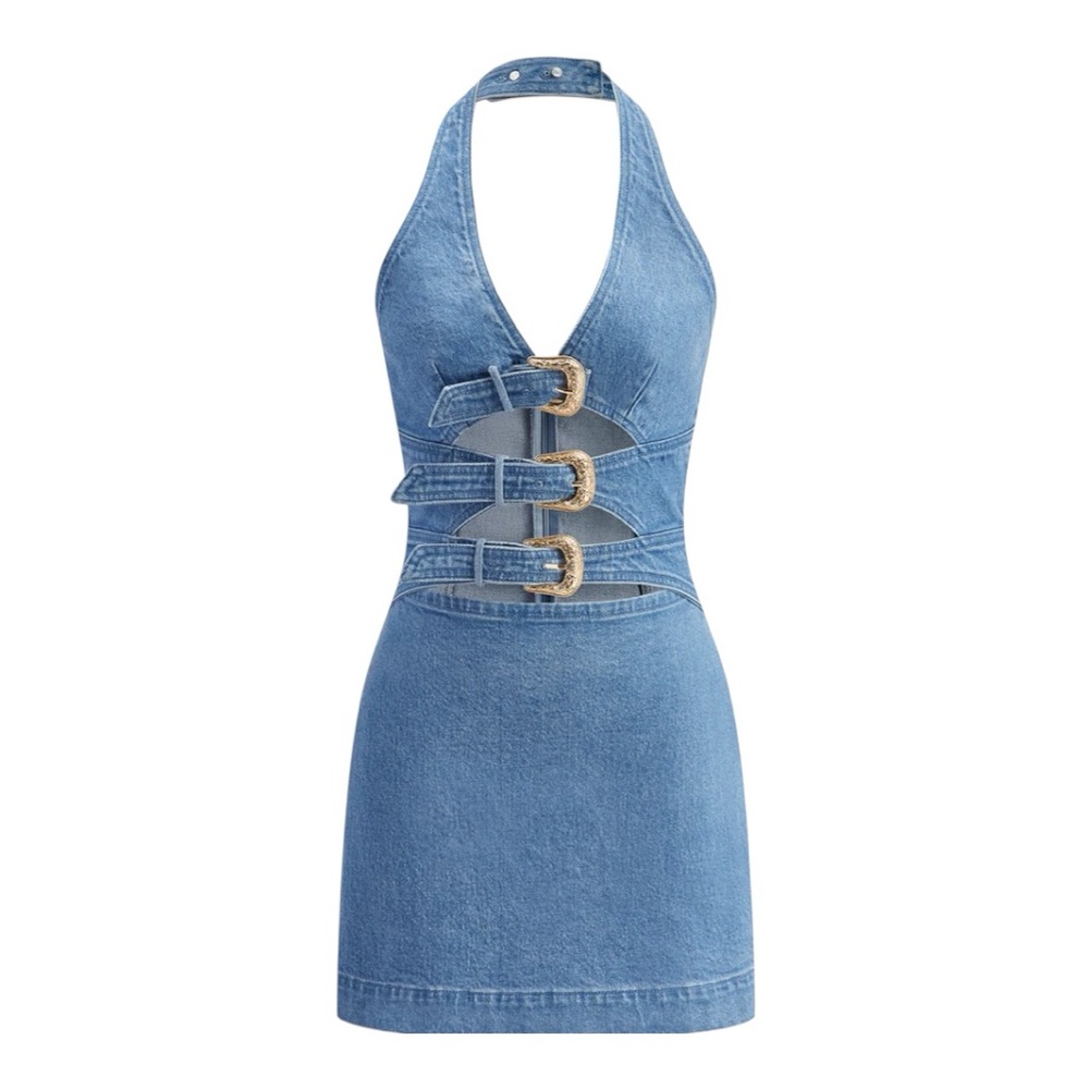 COMMENSE Halter Neck Buckle Detail Denim Dress COLOR - Blue, NWT Large